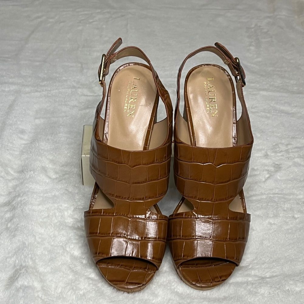 Ralph Lauren Feona Leather Animal Print Peep Toe Platform Sandals SZ 9.5 NWOB
